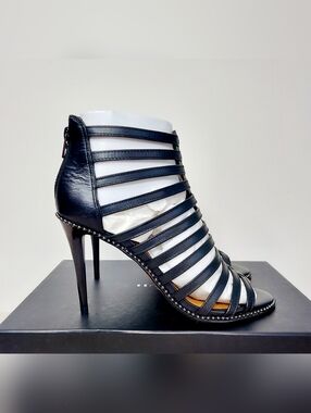 Coach Kia Semi Matte Calf Leather Black Studded High Heel Sandal Womens Size 7M